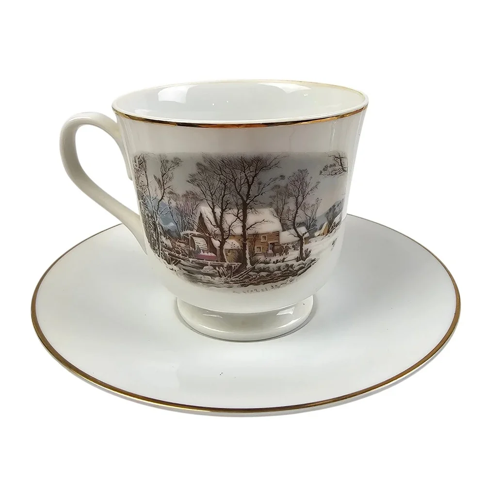 Vintage Avon Fine Porcelain Winter Scene 5 Piece Dinnerware Set Gold Rim Japan